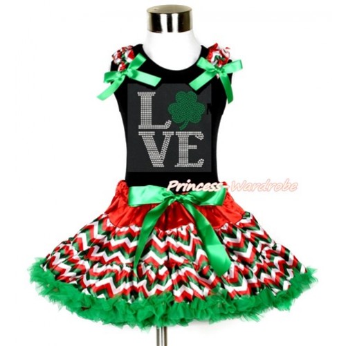 St Patrick's Day Black Tank Top with Red White Green Wave Ruffles & Kelly Green Bow with Sparkle Crystal Bling Rhinestone Love Clover Print & Red White Green Wave Pettiskirt MG1068 