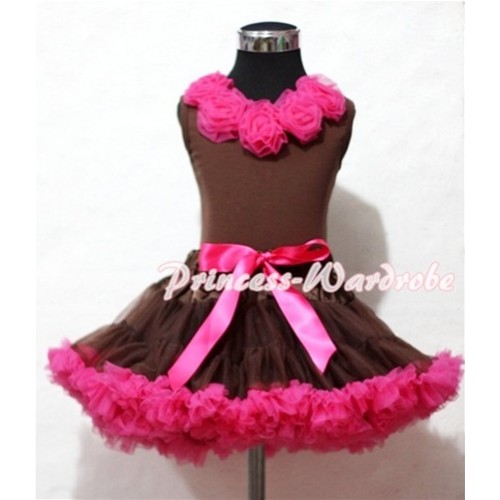 Brown Hot Pink Pettiskirt with Hot Pink Rosettes Brown Tank Top M303 