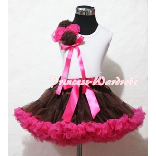 Brown Hot Pink Pettiskirt with Bunch of Brown Hot Pink Rosettes & Hot Pink Bow White Tank Top MG28 
