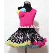 Black Rainbow Polka Dot  Pettiskirt with Bunch of Black Yellow Light Blue Hot Pink Rosettes& Black Bow Hot Pink Tank Top MH32 