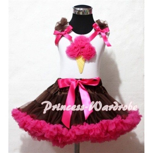 Brown Hot Pink Pettiskirt With Hot Pink Ice Cream White Tank Top and Brown Ruffles Hot Pink Bows ML38 