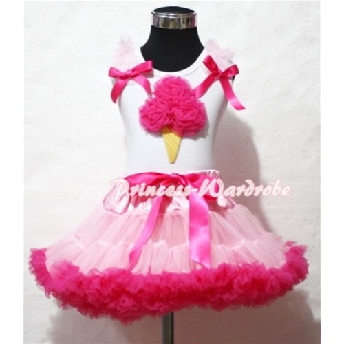 Light Hot Pink Pettiskirt With Hot Pink Ice Cream White Tank Top and Light Pink Ruffles Hot Pink Bows ML40 
