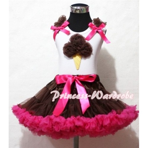 Brown Hot Pink Pettiskirt With Brown Ice Cream White Tank Top and Brown Ruffles Hot Pink Bows ML42 