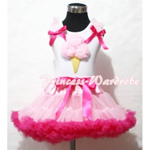 Light Hot Pink Pettiskirt With Light Pink Ice Cream White Tank Top and Light Pink Ruffles Hot Pink Bows ML44 