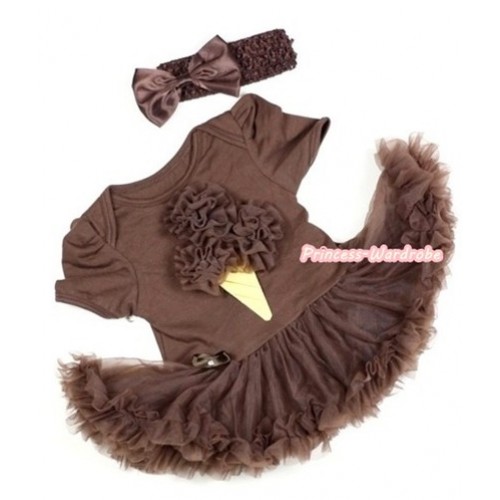 Brown Baby Jumpsuit Brown Pettiskirt With Brown Rosettes Ice Cream Print With Brown Headband Brown Satin Bow JS290 