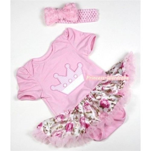 Light Pink Baby Jumpsuit Light Pink Rose Fusion Pettiskirt With Crown Print With Light Pink Headband Light Pink Romantic Rose Bow JS295 