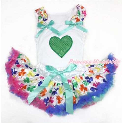 Valentine's Day White Baby Pettitop with Rainbow Clover Ruffles & Aqua Blue Bows with Sparkle Kelly Green Heart Print with Rainbow Clover Newborn Pettiskirt NN174 