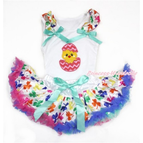 Easter White Baby Pettitop with Rainbow Clover Ruffles & Aqua Blue Bows with Chick Egg Print with Rainbow Clover Newborn Pettiskirt NN177 