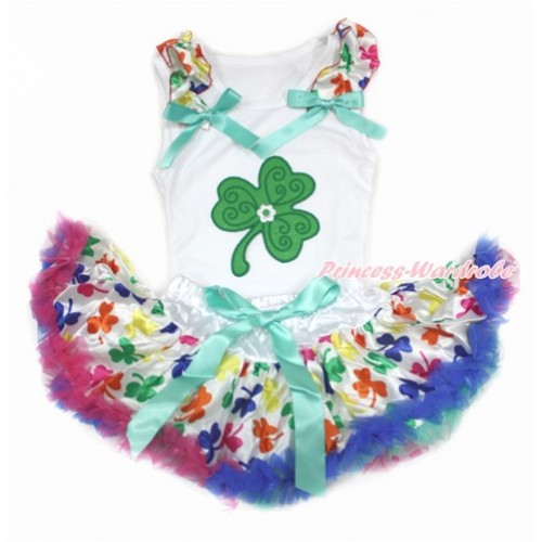St Patrick's Day White Baby Pettitop with Rainbow Clover Ruffles & Aqua Blue Bows with Clover Print with Rainbow Clover Newborn Pettiskirt NN173 