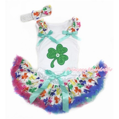 St Patrick's Day White Baby Pettitop with Rainbow Clover Ruffles & Aqua Blue Bows with Clover Print & Rainbow Clover Newborn Pettiskirt With White Headband Rainbow Clover Satin Bow NG1421 