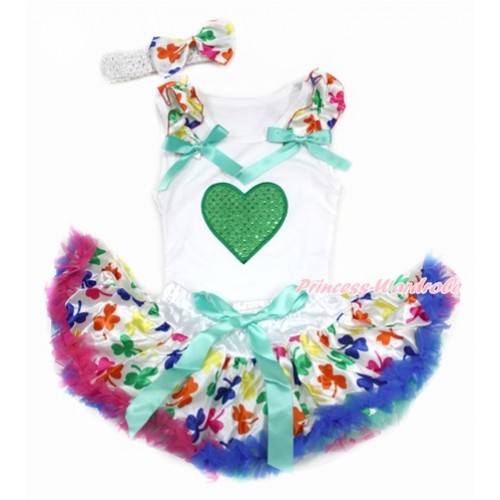 Valentine's Day White Baby Pettitop with Rainbow Clover Ruffles & Aqua Blue Bows with Sparkle Kelly Green Heart Print & Rainbow Clover Newborn Pettiskirt With White Headband Rainbow Clover Satin Bow NG1422 