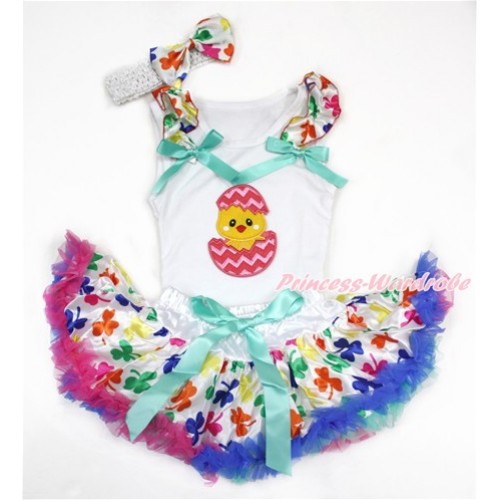 Easter White Baby Pettitop with Rainbow Clover Ruffles & Aqua Blue Bows with Chick Egg Print & Rainbow Clover Newborn Pettiskirt With White Headband Rainbow Clover Satin Bow NG1425 