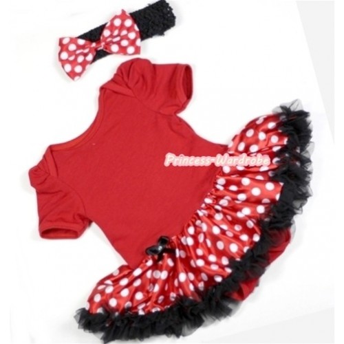 Red Baby Jumpsuit Minnie Dots Pettiskirt With Black Headband Minnie Satin Bow JS256 