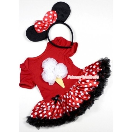 Red Baby Jumpsuit Minnie Dots Pettiskirt With White Rosettes Ice Cream Print With Minnie Headband JS303 