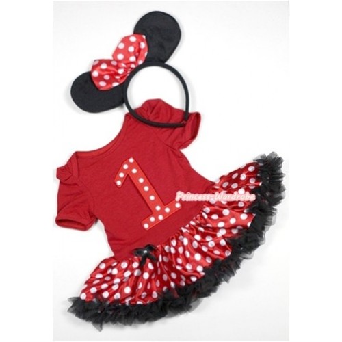Red Baby Jumpsuit Minnie Dots Pettiskirt With 1st Red White Dots Birthday Number Print With Minnie Headband JS304 