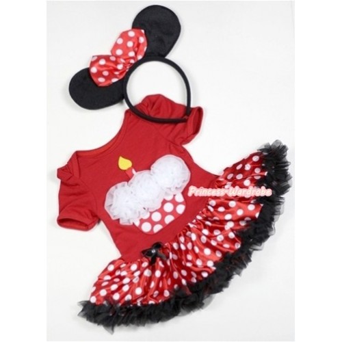 Red Baby Jumpsuit Minnie Dots Pettiskirt With White Rosettes Minnie Dots Birthday Cake Print With Minnie Headband JS311 