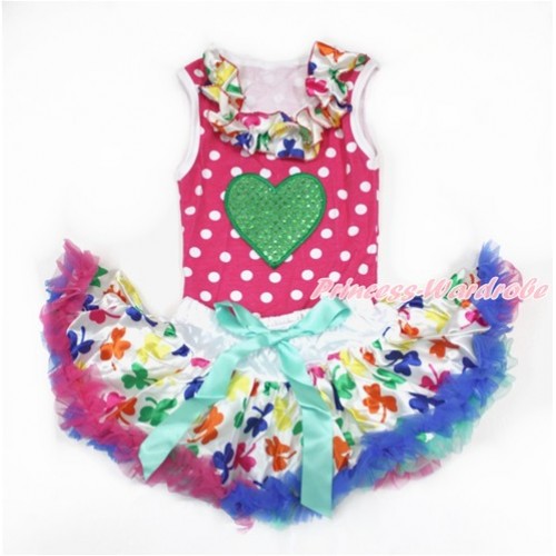 Valentine's Day Hot Pink White Dots Baby Pettitop with Rainbow Clover Satin Lacing with Sparkle Kelly Green Heart Print with Rainbow Clover Newborn Pettiskirt NP053 