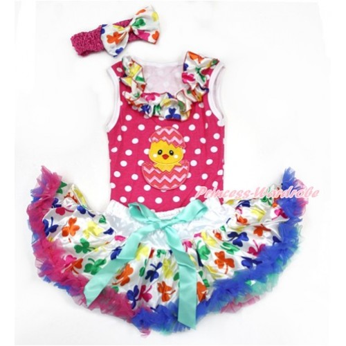 Easter Hot Pink White Dots Baby Pettitop with Rainbow Clover Satin Lacing with Chick Egg Print & Rainbow Clover Newborn Pettiskirt With Hot Pink Headband Rainbow Clover Satin Bow NP057 