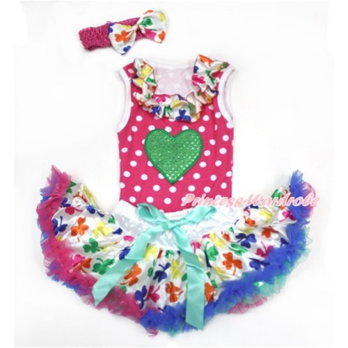 Valentine's Day Hot Pink White Dots Baby Pettitop with Rainbow Clover Satin Lacing with Sparkle Kelly Green Heart Print & Rainbow Clover Newborn Pettiskirt With Hot Pink Headband Rainbow Clover Satin Bow NP059 