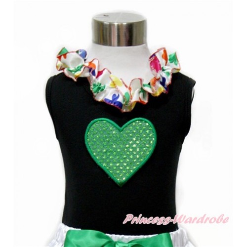 Valentine's Day Black Tank Top With Rainbow Clover Satin Lacing With Sparkle Kelly Green Heart Print TB682 
