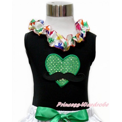 Valentine's Day Black Tank Top With Rainbow Clover Satin Lacing With Mustache Sparkle Kelly Green Heart Print TB683 