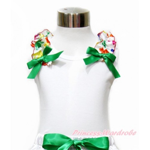 White Tank Top with Rainbow Clover Ruffles and Kelly Green Bow TB686 