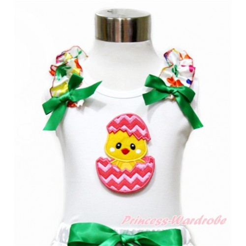 Easter White Tank Top With Rainbow Clover Ruffles & Kelly Green Bow With Chick Egg Print TB689 