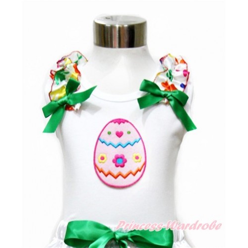 Easter White Tank Top With Rainbow Clover Ruffles & Kelly Green Bow With Easter Egg Print TB691 