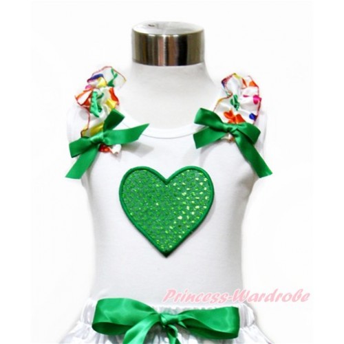 Valentine's Day White Tank Top With Rainbow Clover Ruffles & Kelly Green Bow With Sparkle Kelly Green Heart Print TB693 