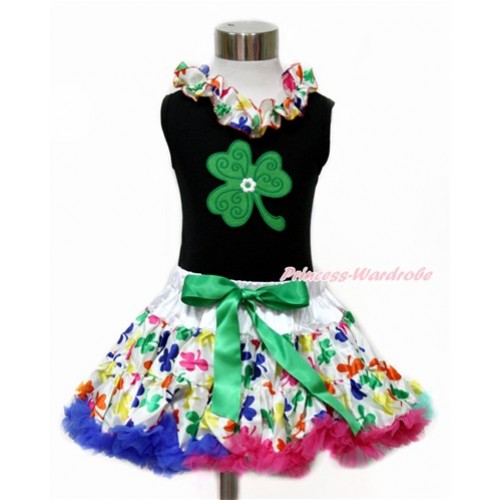 St Patrick's Day Black Tank Top with Rainbow Clover Satin Lacing with Clover Print & Rainbow Clover Pettiskirt MG1071 