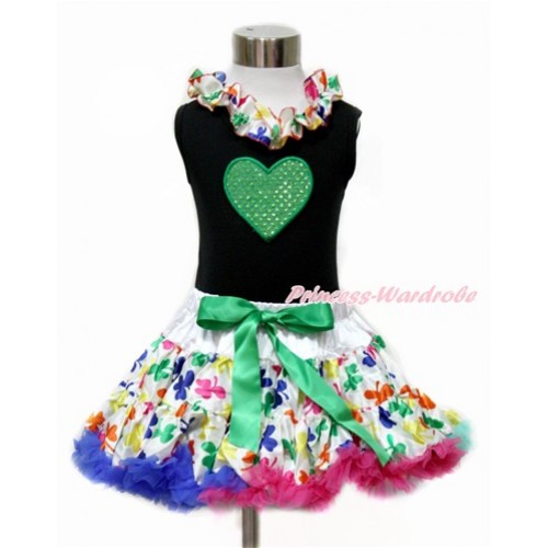 Valentine's Day Black Tank Top with Rainbow Clover Satin Lacing with Sparkle Kelly Green Heart Print & Rainbow Clover Pettiskirt MG1072 