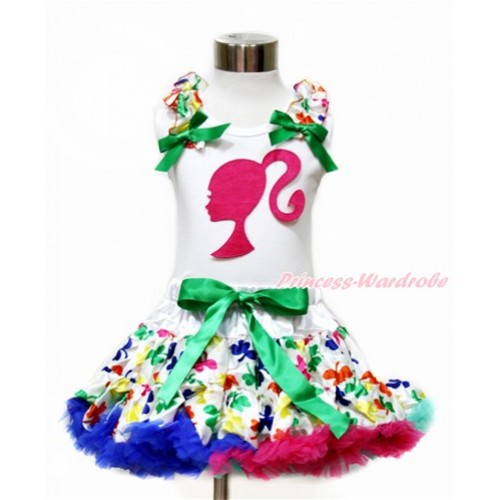 White Tank Top with Rainbow Clover Ruffles & Kelly Green Bow with Hot Pink Barbie Princess Print & Rainbow Clover Pettiskirt MG1082 