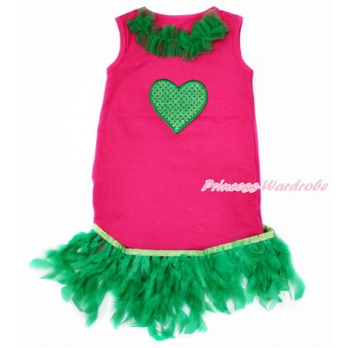 Hot Pink One-Piece Pettidress With Kelly Green Lacing & Sparkle Kelly Green Heart Print With Kelly Green Posh Feather Ruffles CD025 