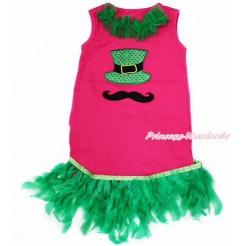 Hot Pink One-Piece Pettidress With Kelly Green Lacing & Mustache Sparkle Kelly Green Hat Print With Kelly Green Posh Feather Ruffles CD026 