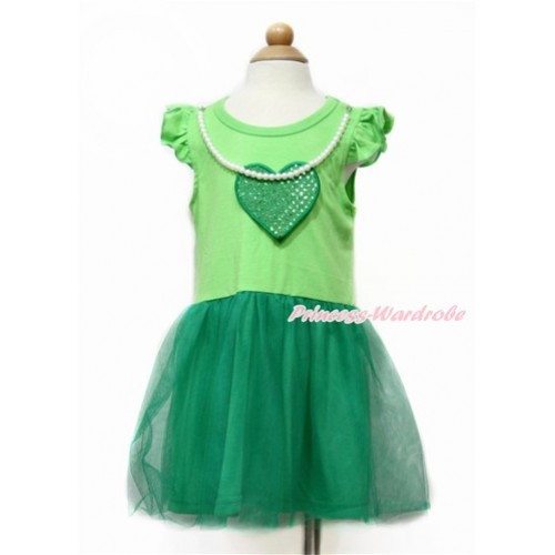 Valentine's Day Little White Wing with Kelly Green Pearl Party Dress & Sparkle Kelly Green Heart Print PD045-1 
