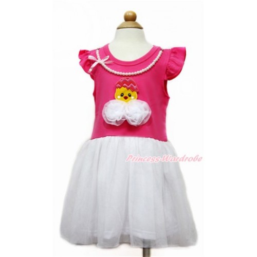 Easter Little White Wing with Hot Pink White Pearl Party Dress & 3D White Rose Chick Egg Print PD044-2 