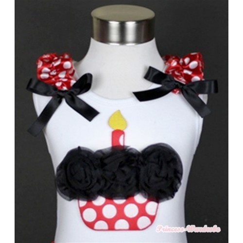 White Tank Top With Black Rosettes Minnie Dots Birthday Cake Print with Minnie Dots Ruffles & Black Bow TB331 