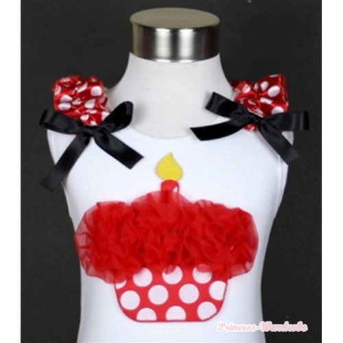 White Tank Top With Red Rosettes Minnie Dots Birthday Cake Print with Minnie Dots Ruffles & Black Bow TB332 