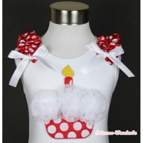White Tank Top With White Rosettes Minnie Dots Birthday Cake Print with Minnie Dots Ruffles & White Bow TB333 