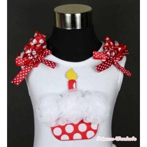 White Tank Top With White Rosettes Minnie Dots Birthday Cake Print with Minnie Dots Ruffles & Minnie Dots Bow TB335 
