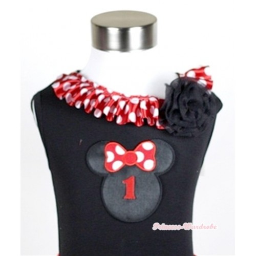 Black Tank Tops with 1st Birthday Number Minnie Print with Minnie Dots Satin Lacing & One Black Rose TB336 