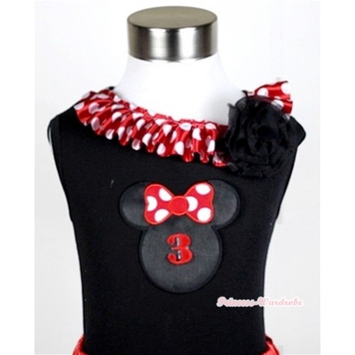 Black Tank Tops with 3rd Birthday Number Minnie Print with Minnie Dots Satin Lacing & One Black Rose TB338 