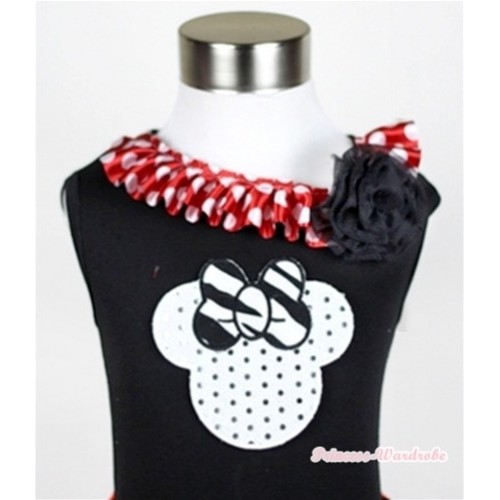 Black Tank Tops with Sparkle White Minnie Print with Minnie Dots Satin Lacing & One Black Rose TB342 