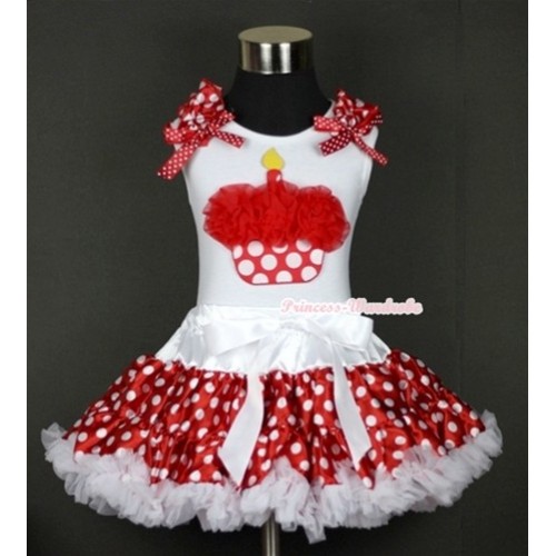 White Tank Top with Red Rosettes Minnie Dots Birthday Cake Print with Minnie Dots Ruffles & Minnie Dots Bow & White Minnie Polka Dots Pettiskirt MG429 
