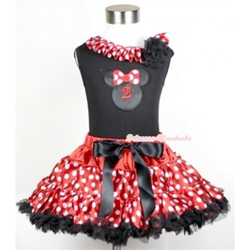 Black Tank Top with 2nd Birthday Number Minnie Print with Minnie Dots Satin Lacing & One Black Rose With Minnie Polka Dots Pettiskirt MG206 