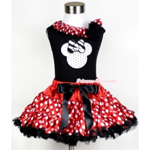 Black Tank Top with Sparkle White Minnie Print with Minnie Dots Satin Lacing & One Black Rose With Minnie Polka Dots Pettiskirt MW211 