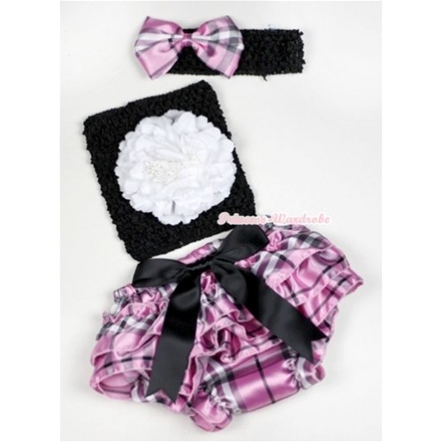 Black Big Bow Light Pink Checked Satin Panties Bloomer with White Peony Black Crochet Tube Top With Black Headband Light Pink Checked Satin Bow 3PC Set CT521 