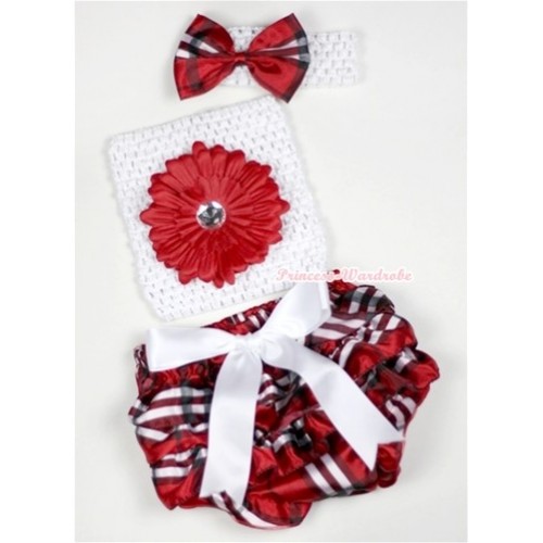 White Big Bow Red Black Checked Satin Panties Bloomer with Red Flower White Crochet Tube Top With White Headband Red Black Checked Satin Bow 3PC Set CT524 
