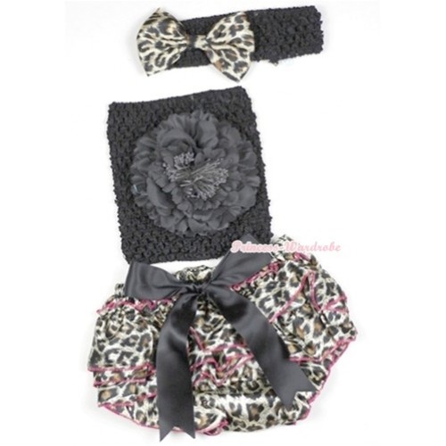 Black Big Bow Hot Pink Leopard Satin Panties Bloomer with Black Peony Black Crochet Tube Top With Black Headband Leopard Satin Bow 3PC Set CT528 