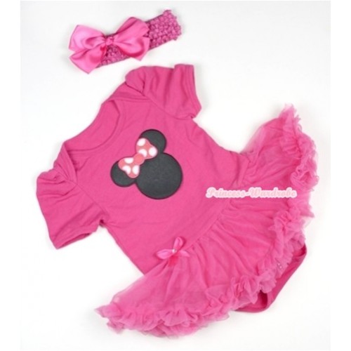 Hot Pink Baby Jumpsuit Hot Pink Pettiskirt With Hot Pink Minnie Print With Hot Pink Headband Hot Pink Silk Bow JS382 
